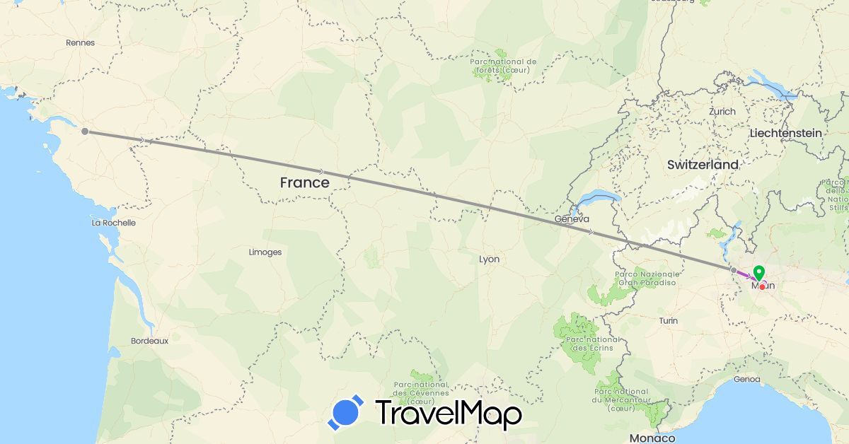 TravelMap itinerary: driving, bus, plane, train, hiking in France, Italy (Europe)